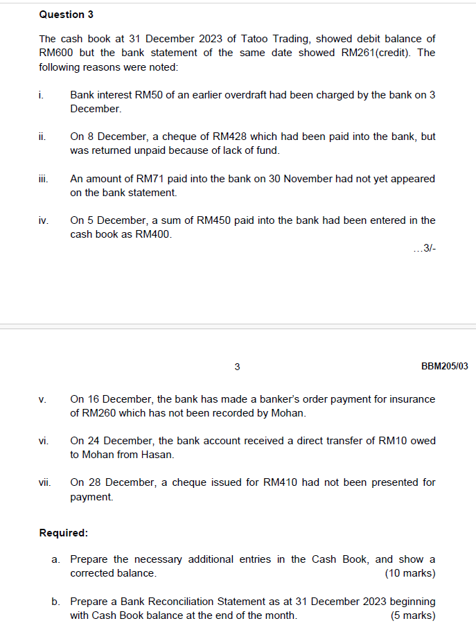  Question 3 The cash book at 31 December 2023 of Tatoo