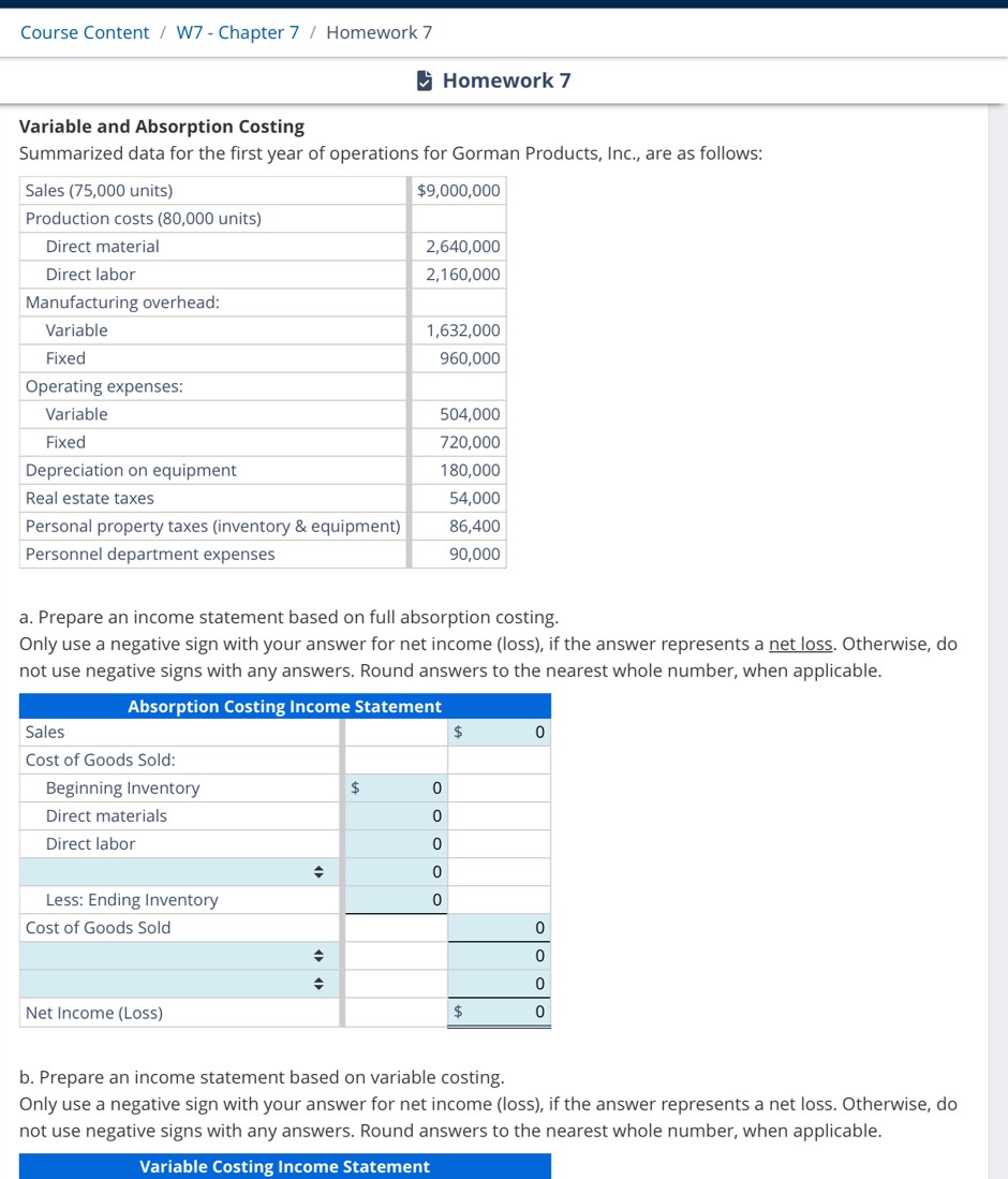  Variable and Absorption Costing Summarized data for the first year of