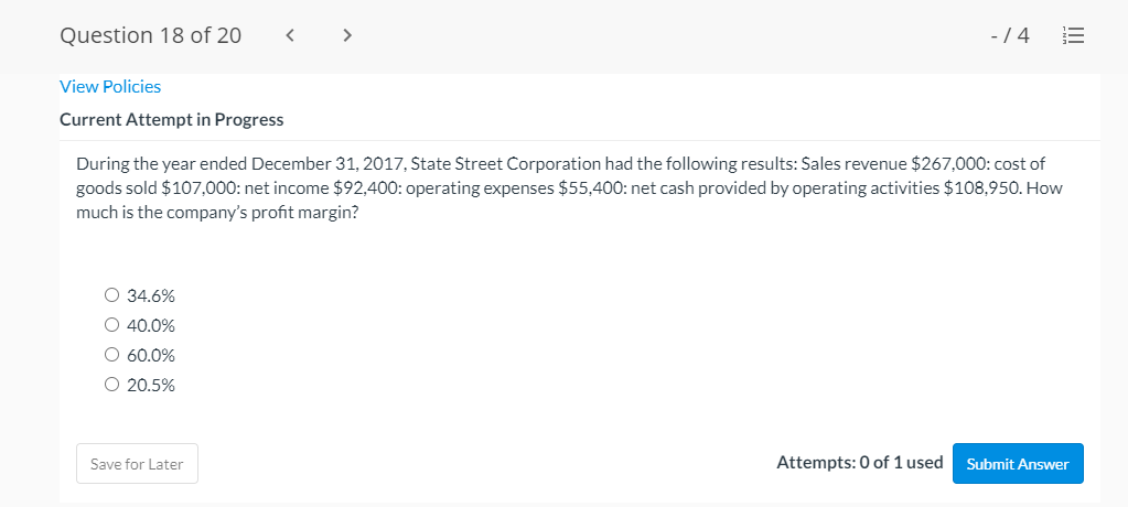  Question 18 of 20 - 74 View Policies Current Attempt in
