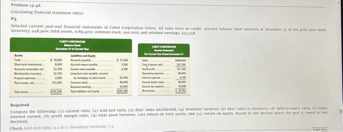  Problem 13-4A Calculating financial statement ratios P3 Selected current year-end financial