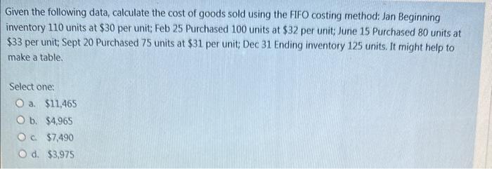 please solve this quickly Given the following data, calculate the cost of