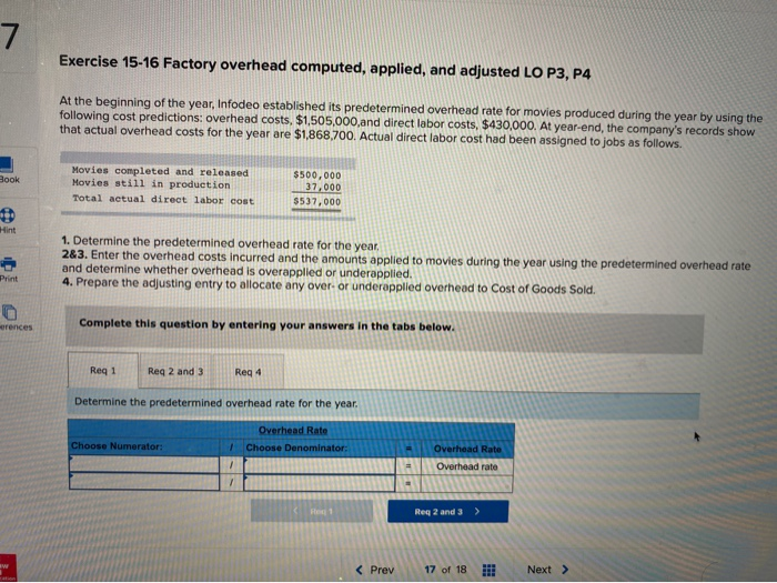  7 Exercise 15-16 Factory overhead computed, applied, and adjusted LO P3,