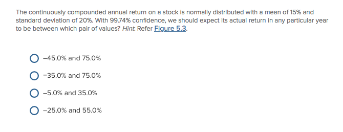  The continuously compounded annual return on a stock is normally distributed