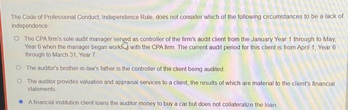 The Code of Professional Conduct, Independence Rule, does not consider which