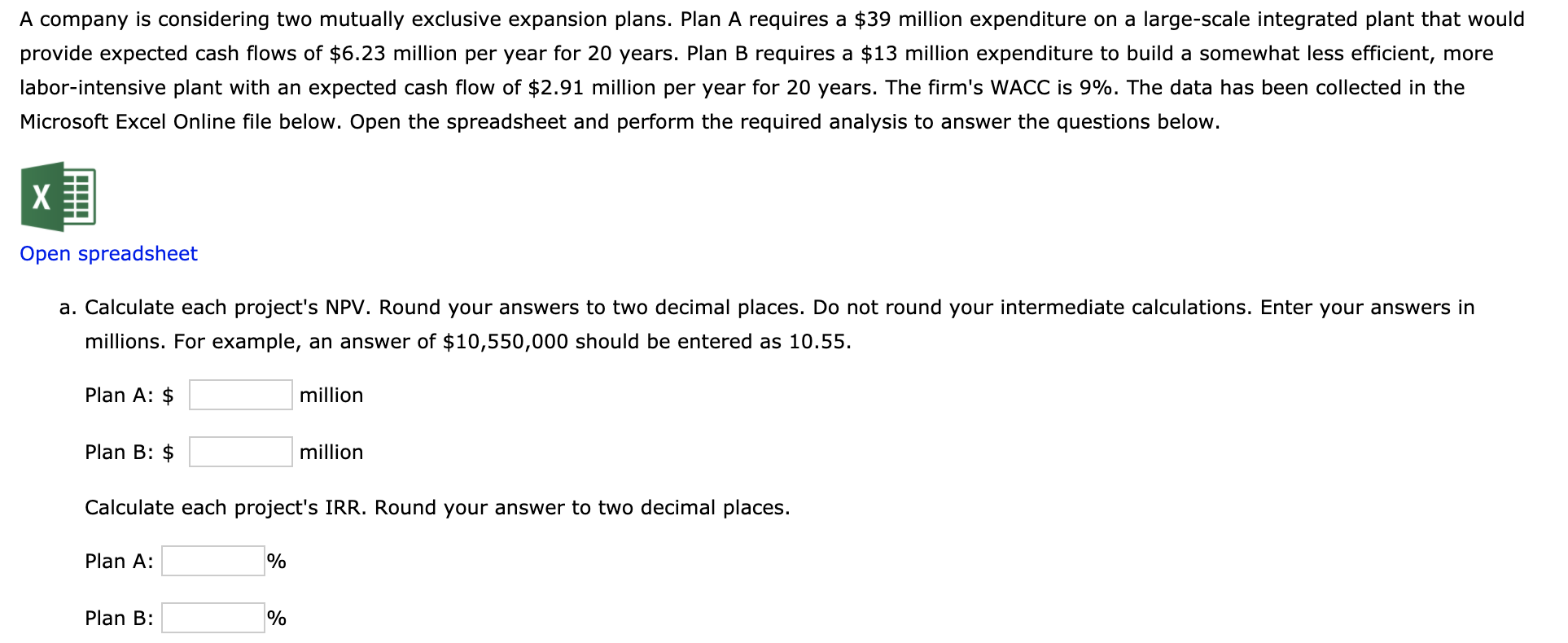A company is considering two mutually exclusive expansion plans. Plan A