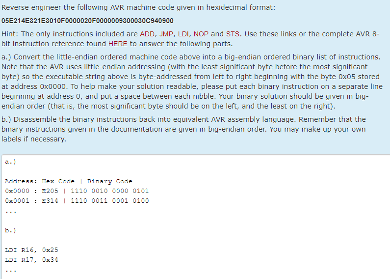  Reverse engineer the following AVR machine code given in hexidecimal format: