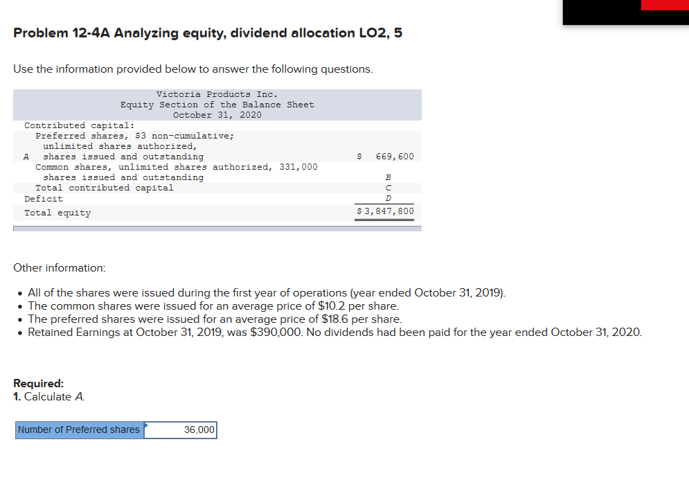  Problem 12-4A Analyzing equity, dividend allocation LO2, 5 Use the information