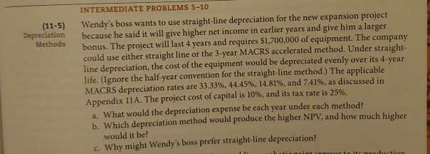  (11-5) Depreciation Methods INTERMEDIATE PROBLEMS 5-10 Wendy's boss wants to use