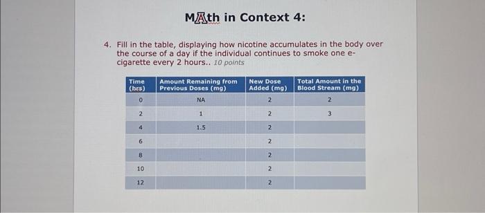  MAth in Context 4: 4. Fill in the table, displaying how
