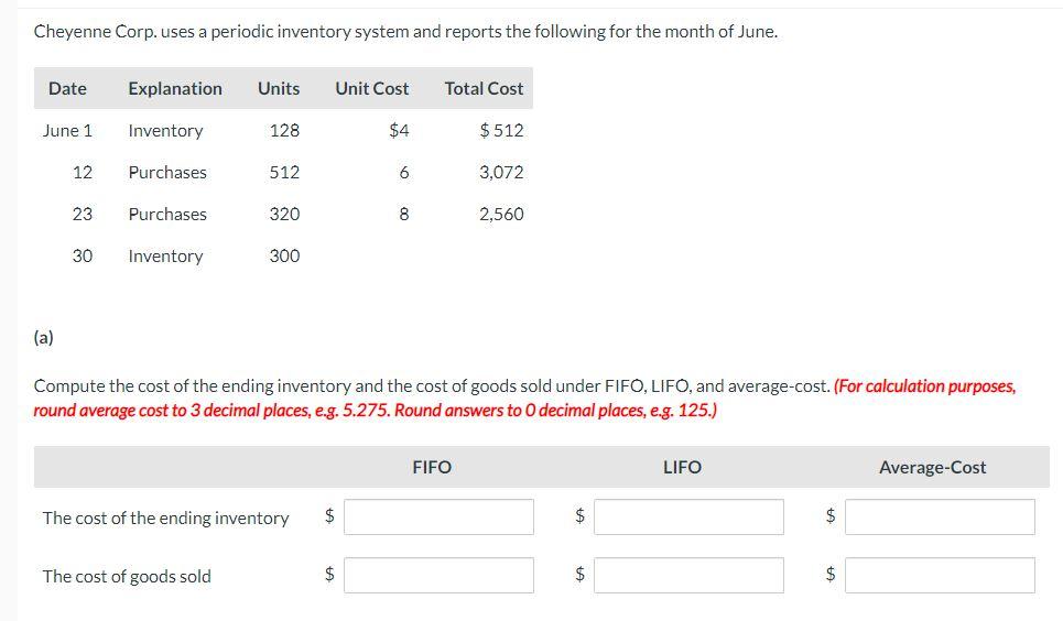 Cheyenne Corp. uses a periodic inventory system and reports the following