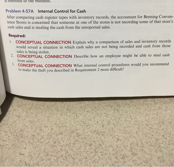  control cash Problem 4-57A Internal Control for Cash After comparing cash