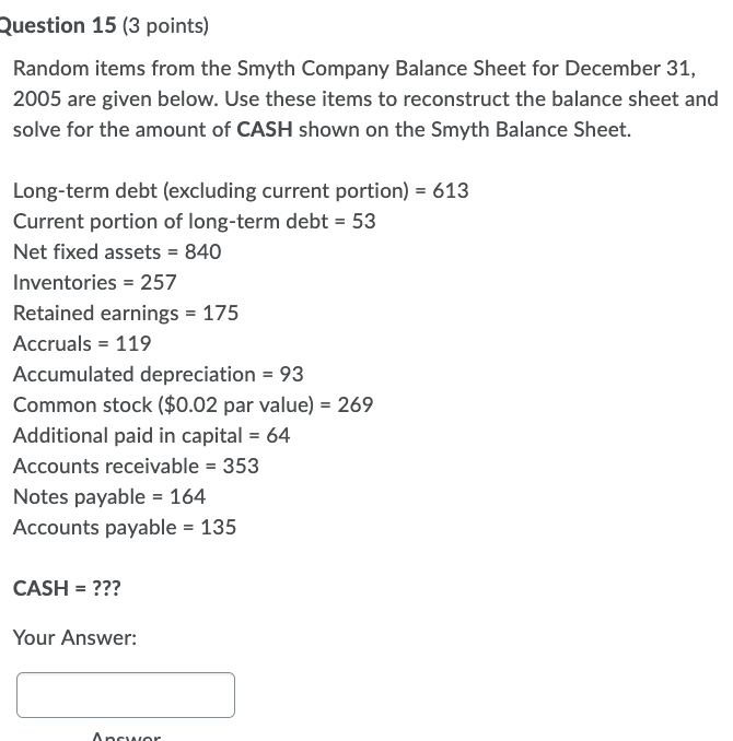  Question 15 (3 points) Random items from the Smyth Company Balance