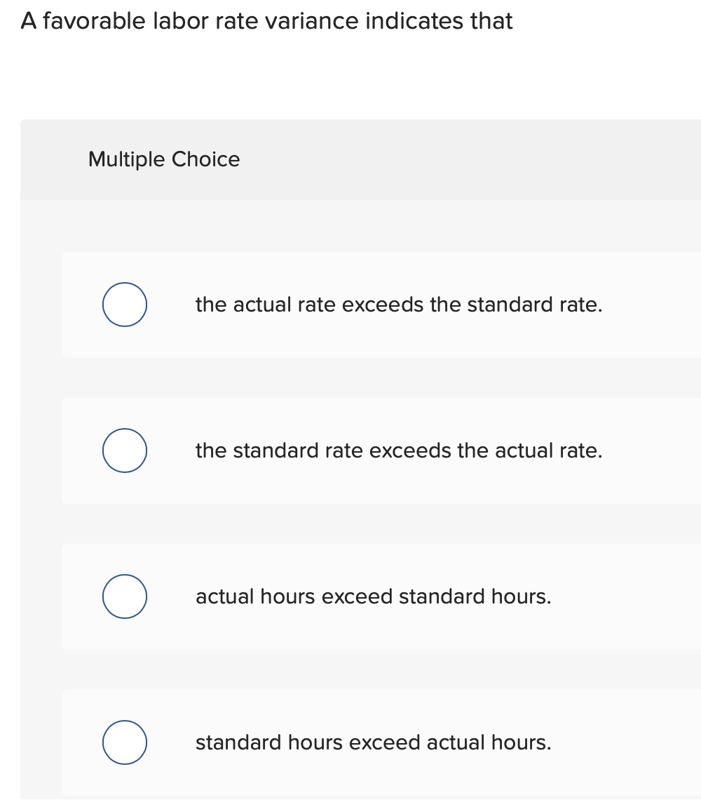  A favorable labor rate variance indicates that Multiple Choice the actual