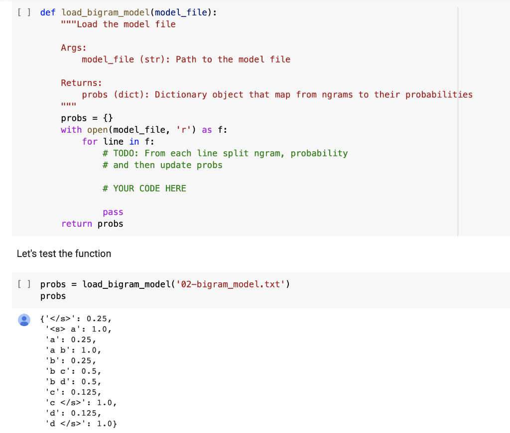 ngram, probability and then update probs def train_bigram(train_file, model_file): """Train trigram language
