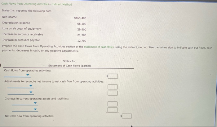  Help ASAP please!! Cash Flows from Operating Activities-indirect Method Staley Inc.