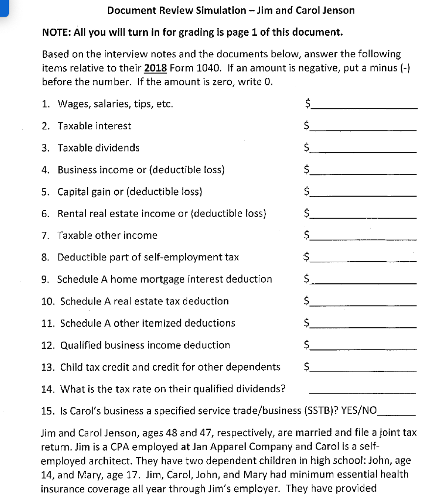  Document Review Simulation - Jim and Carol Jenson NOTE: All you