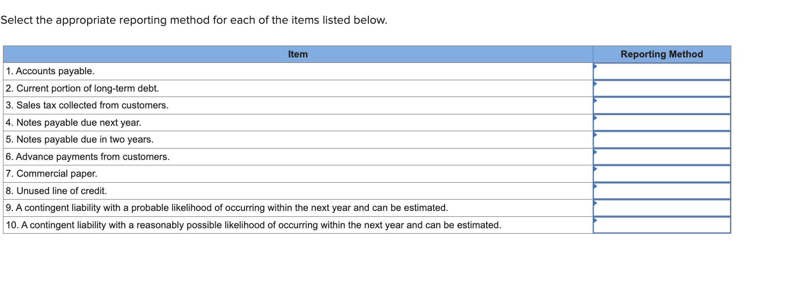  Select the appropriate reporting method for each of the items listed