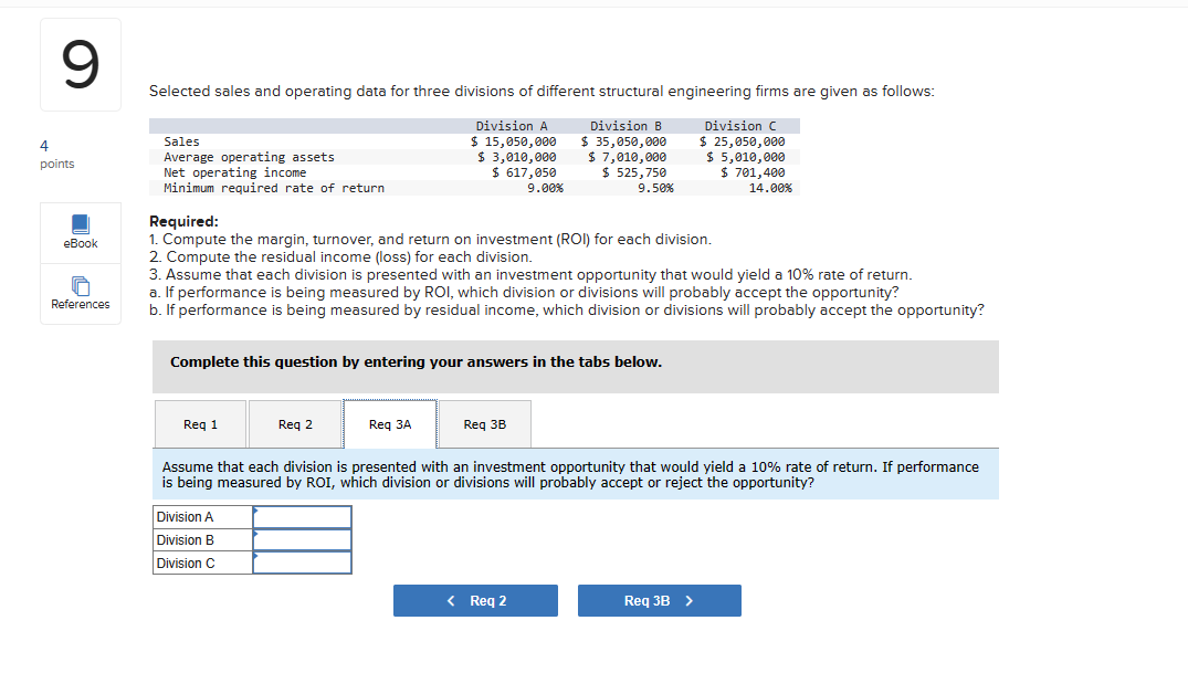 and return on investment (ROl) for each division. 2. Compute the residual