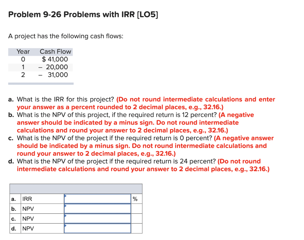  Problem 9-26 Problems with IRR (LO5] A project has the following