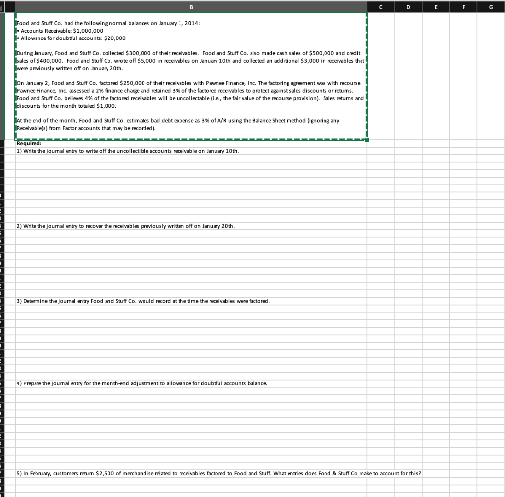  D E F G Food and Stuff Co. had the following