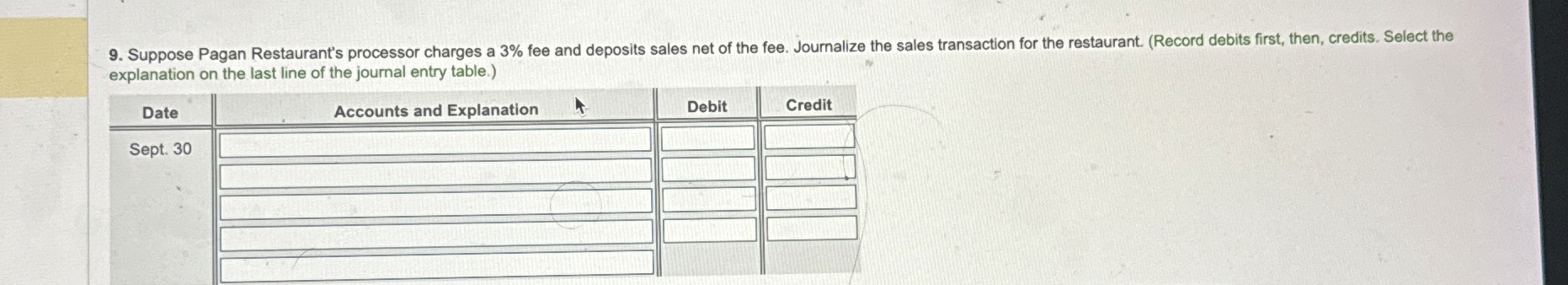  Suppose Pagan Restaurant's processor charges a 3% fee and deposits sales