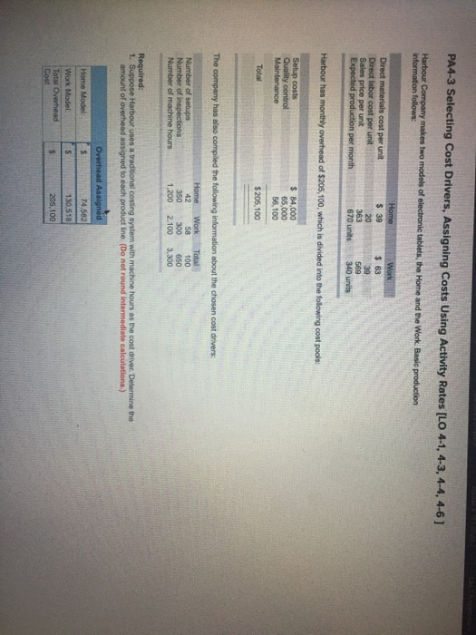  PA4-3 Selecting Cost Drivers, Assigning Costs Using Activity Rates [LO 4-1,
