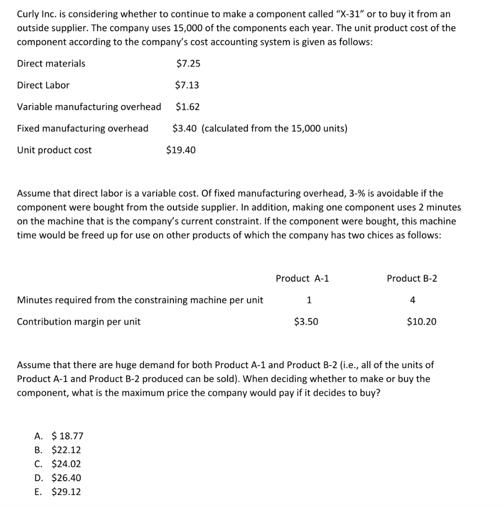  Curly Inc. is considering whether to continue to make a component