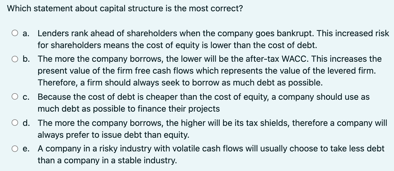 Any help is greatly appreciated!! Which statement about capital structure is the