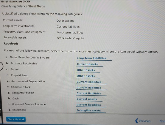 Briet Exercise 3-35 Classifying Balance Sheet Items A classified balance sheet