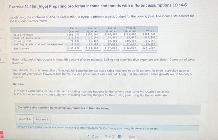  Exercise 14-15A (Algo) Preparing pro forma income statements with different assumptions