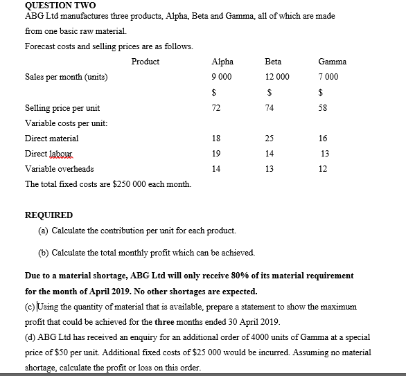 Alpha QUESTION TWO ABG Ltd manufactures three products, Alpha Beta and