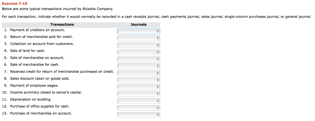 Exercise 7-10 Below are some typical transactions incurred by Ricketts Company
