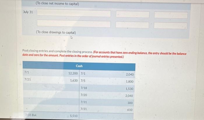 31 (To dose revenue account) July 31 I. (To close expense accounts)