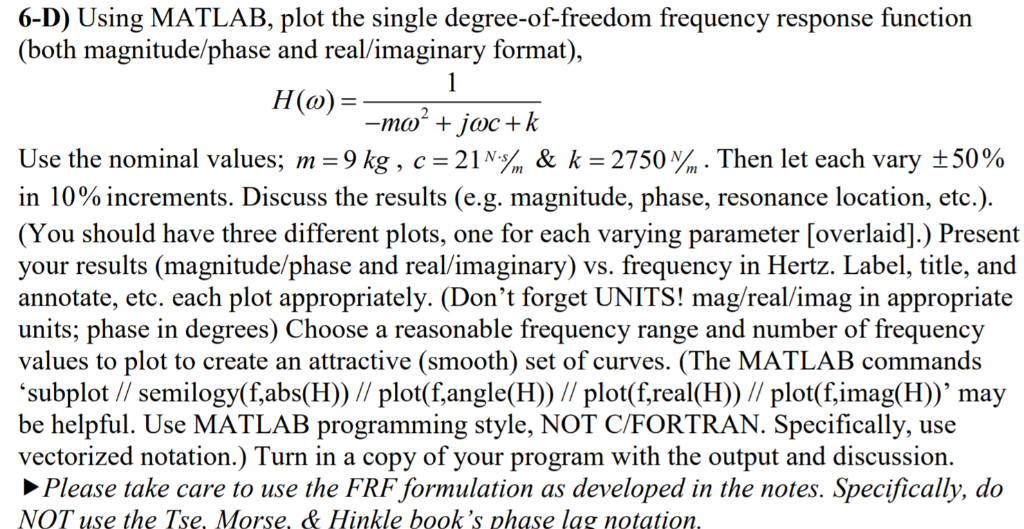  6-D) Using MATLAB, plot the single degree-of-freedom frequency response function (both