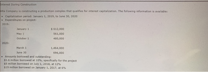  Interest During Construction Alta Company is constructing a production complex that