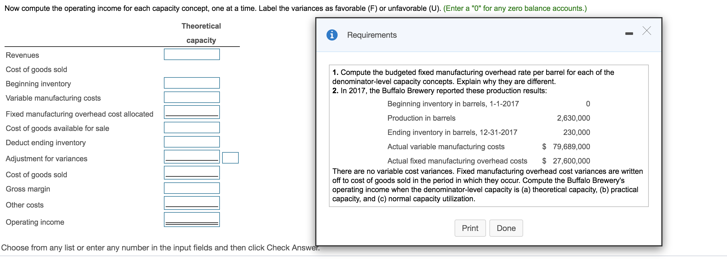 The brewery is two years old and uses absorption costing. It will