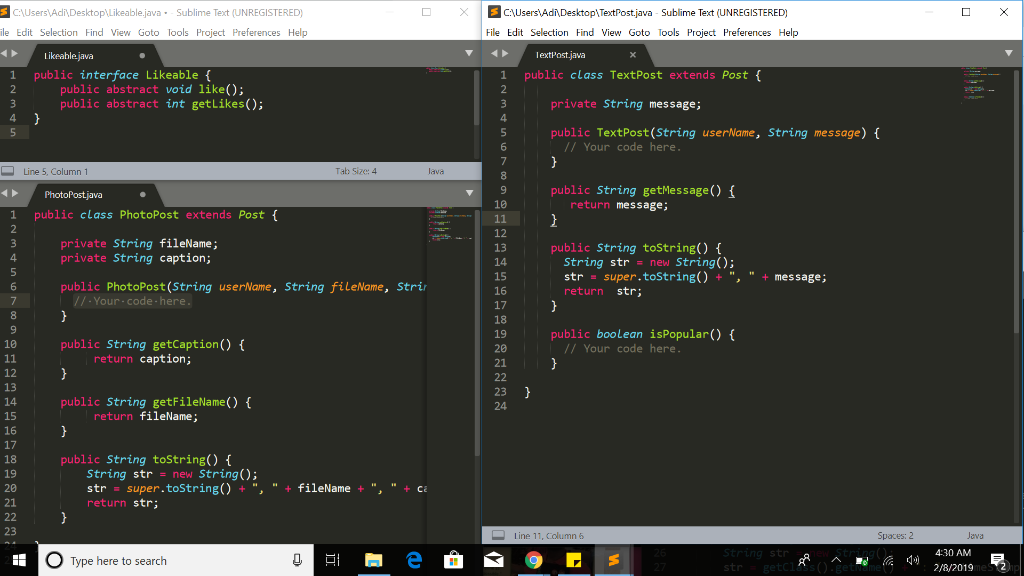 Post implements the interface Likeable. All the Post messages have a user