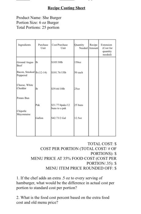  Do not round answers fill in chart and answer questions 1&2.