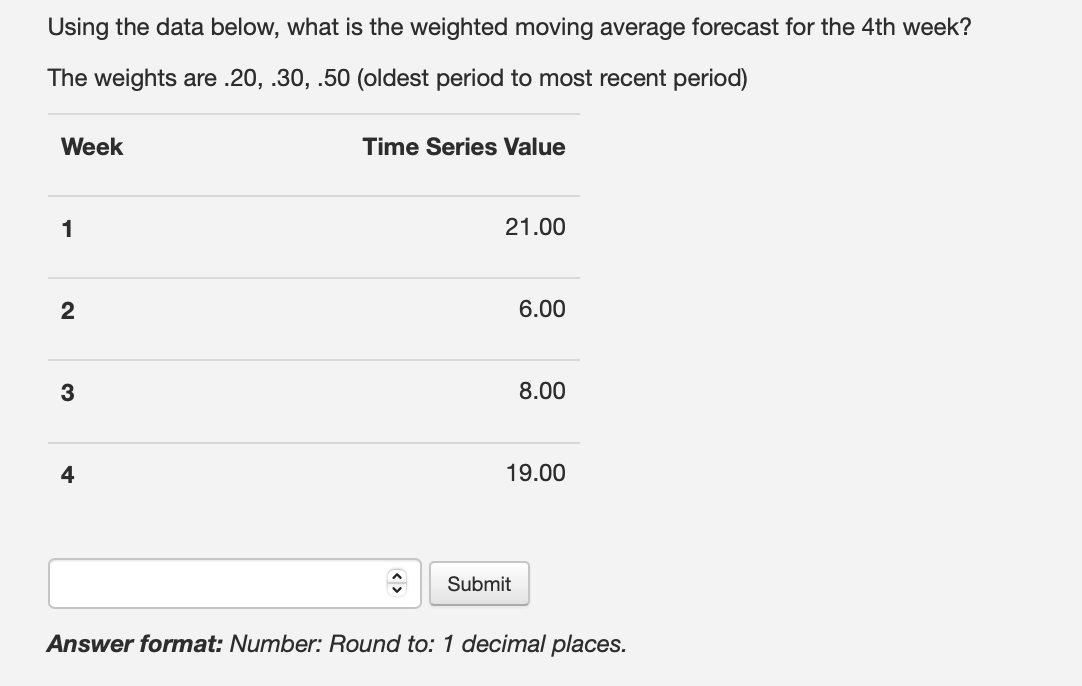  Using the data below, what is the weighted moving average forecast