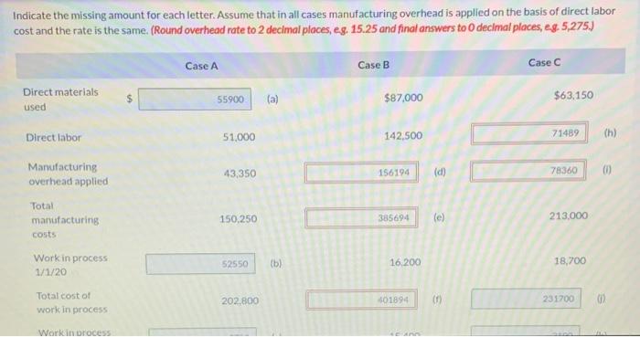  Indicate the missing amount for each letter. Assume that in all