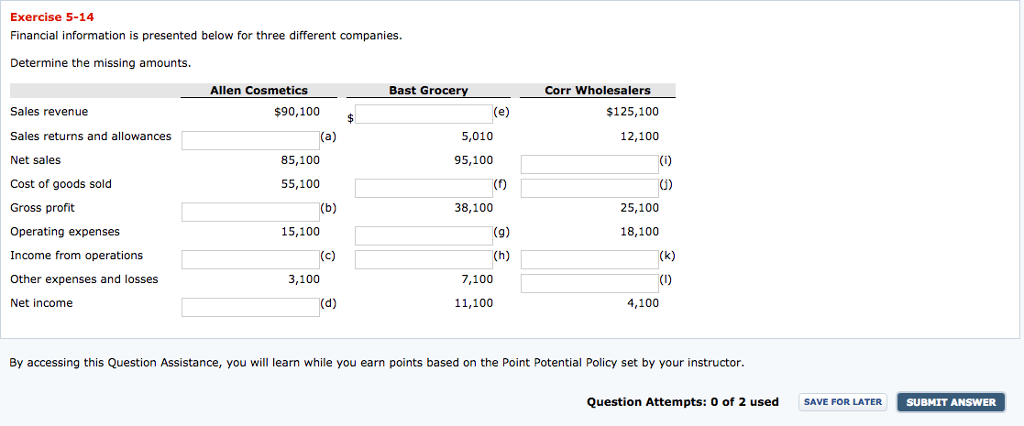  Exercise 5-14 Financial information is presented below for three different companies.