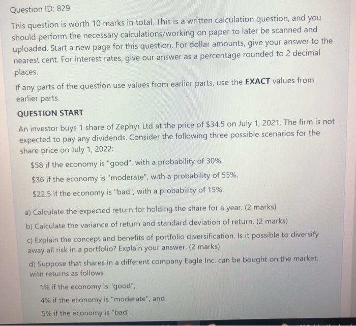  Question ID: 829 This question is worth 10 marks in total.
