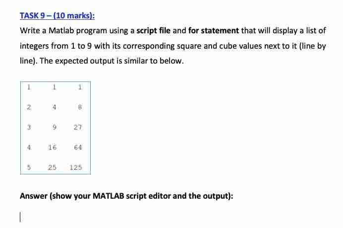  TASK 9-(10 marks): Write a Matlab program using a script file