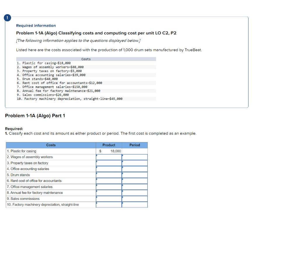 Required information Problem 1-1A (Algo) Classifying costs and computing cost per