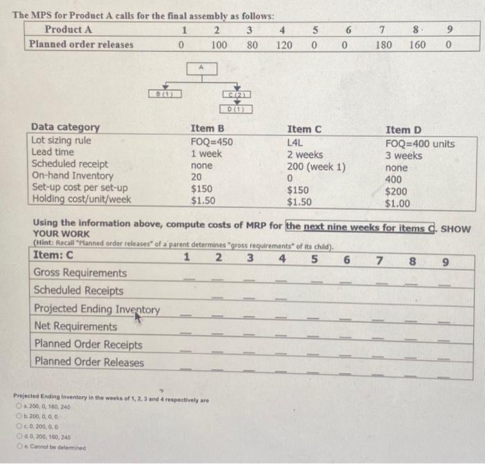 follows: Using the information above, compute costs of MRP for the next