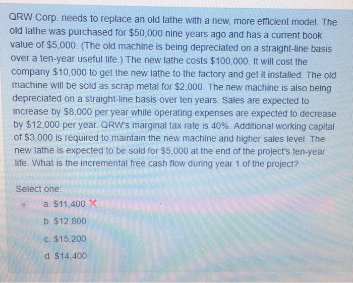 QRW Corp. needs to replace an old lathe with a new,