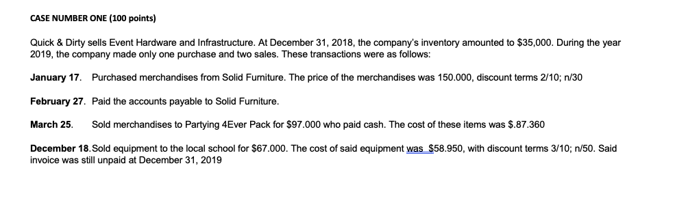 CASE NUMBER ONE (100 points) Quick & Dirty sells Event Hardware