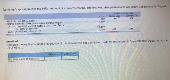  Lenning Corporation uses the FIFO method in its process costing. The