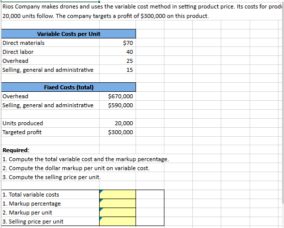 setting product price. Its costs for producing 20,00 units follow. The company