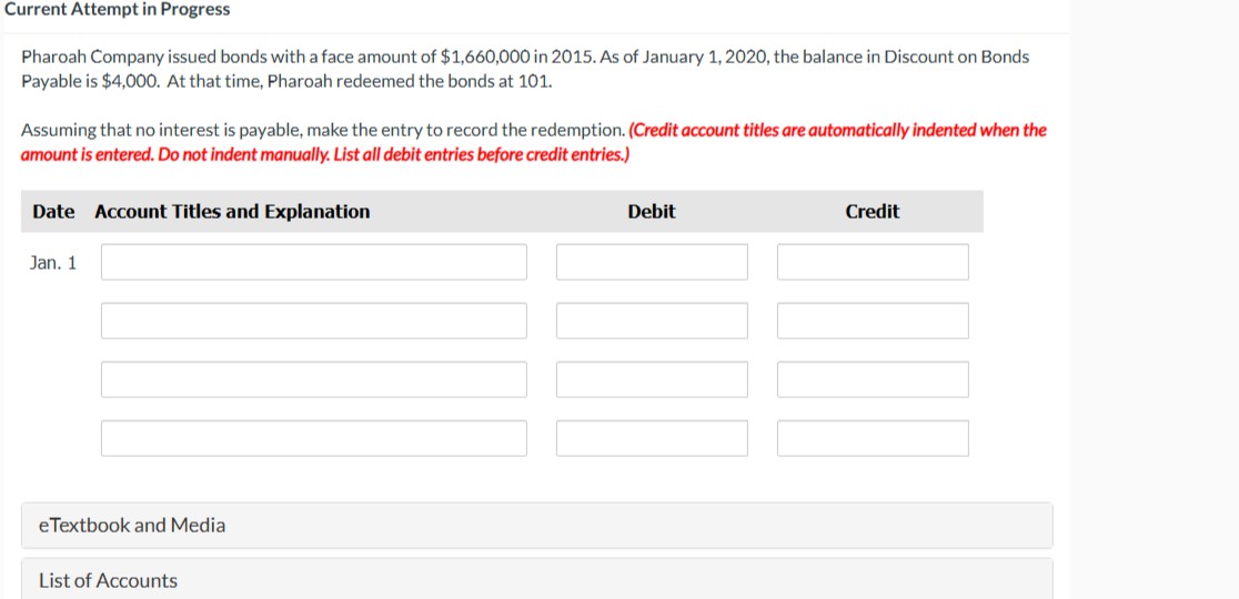  Current Attempt in Progress Pharoah Company issued bonds with a face